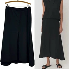 CUYANA Women L Black Organic Pima Cotton Terry Elastic Waist Split Front Skirt