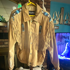 Vintage Customized Tan Suede  Fringe  Native American Beaded Jacket Men's L