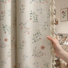 Boho Floral 100% Blackout Curtains 84 Inch Length 2 Panels Set Linen Texture