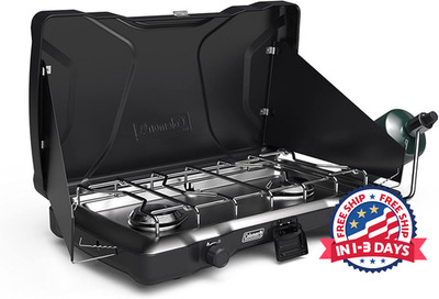 Cocina de camping con 2 quemadores ajustables y protección contra el viento