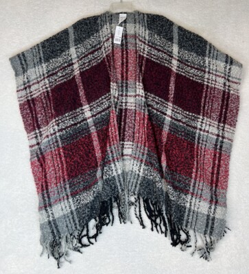 Woolrich Blanket Wrap Poncho Gray Black Red Plaid Lightweight