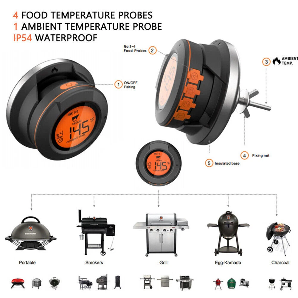 Meat Thermometer Cooking BBQ Oven Rotisserie Smoker Bluetooth Remote Monitor