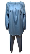 Vintage Silky Satin Nylon Lace Blue Pajamas Lounge Set Tunic Pants Women's S