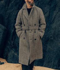 Men Long Overcoat Wool Blend Coat Regular Fit Tweed Double Breasted with Belt