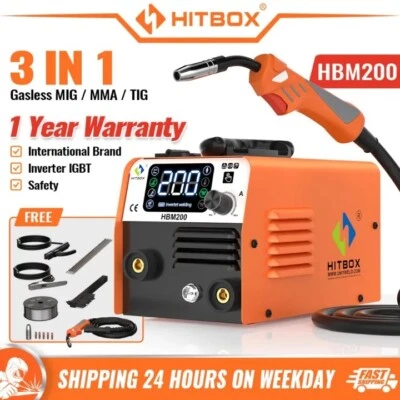 HITBOX 3 in 1 MIG Welder No Gas 200Amp 220V DC MMA Lift TIG MIG Welding Machine