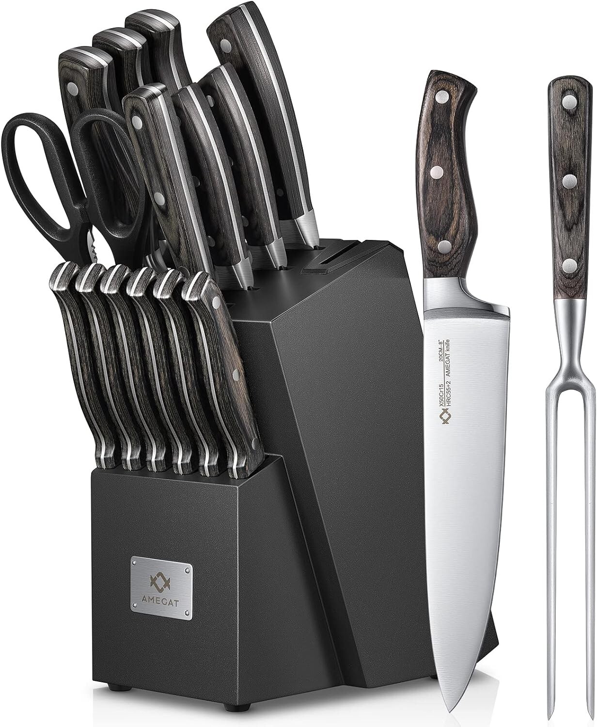 Knife Set, 15-Piece Kitchen Knife Set with Block Wooden German Stainless Steel-image