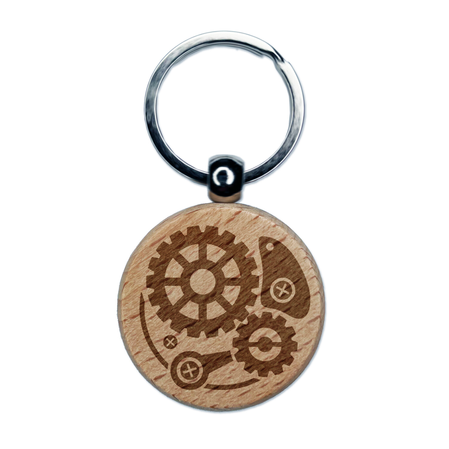 Steampunk Clockwork Watch Gears Engraved Wood Round Keychain Tag Charm