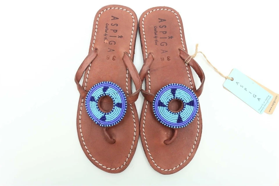 Sandalias chanclas planas ASPIGA de cuero marrón azul para mujer talla EU 36 Foto 3 de 4