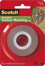 2 Pack 3M Scotch Outdoor Mounting Tape, 1 x 60-inches, Holds 5lbs, Red/Gray, New
