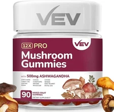 VEV Mushroom Gummies for Adults 12x Mushroom Supplement 90 Count