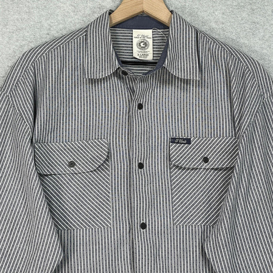 Винтажная мужская рубашка G Unit XL серая в полоску хип-хоп 50 центов Y2K на пуговицах - Изображение 2 из 4