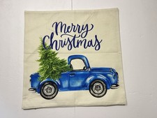 Outdoor Indoor 1 Pillow Cover Merry Christmas Blue Truck w/Tree 17.5  X17.5  New