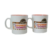 2 Dunkin Donuts Mugs Bakery Series Coffee Tea 12 oz Orange White Large Advertise