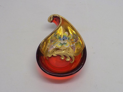 Venetian Murano Ruby Red Glass Gilded Hand Painted Tear Drop Trinket Dish