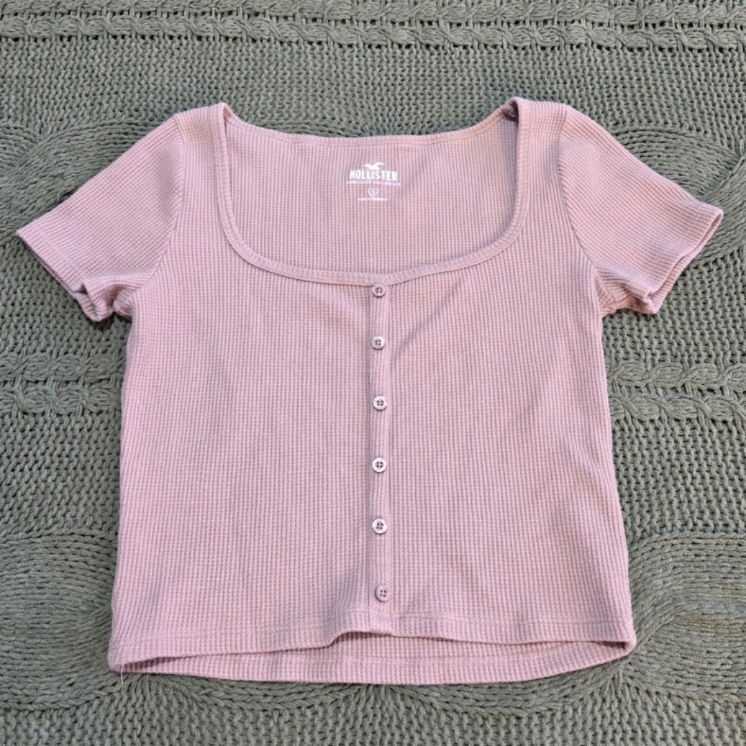 Hollister Baby Tee Crop Top Button Waffle Knit Square Neck Light Brown Size S