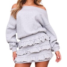 Pretty Little Thing Gray Marl Sweat Bardot Frill Skirt Mini Dress Women’s Size 6