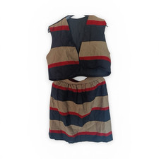 Valentino Miss V Wool Striped Knit Short A-Line Skirt Set Black Red Beige M