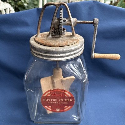 Antique Montgomery Ward 4qt. Glass Butter Whipper & Mixer Churn