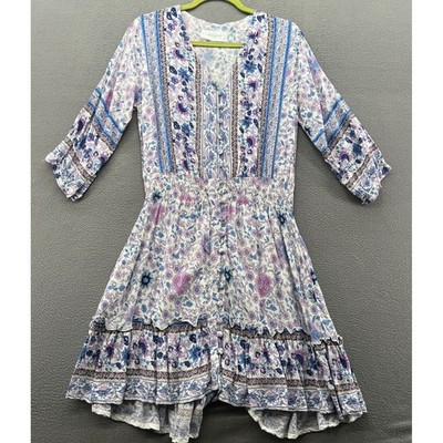 Walker & Wade Dress Floral Smocked Waist V-Neck Mini Blue Purple Boho Womens L