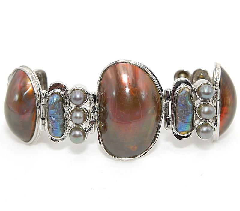Natural Abalone Shell & Biwa Pearl 925 Sterling Silver Tennis Bracelet SQ6