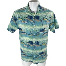 RedHead Hawaiian Shirt Large Swordfish Reverse Print Pale Blue Green Yellow