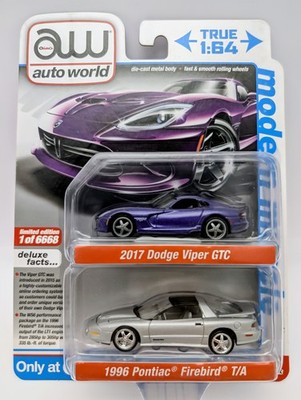 Auto World 2022 Release 1B 2-Pack 2017 Dodge Viper GTC 1996 Pontiac Firebird T/A