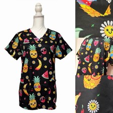Tropical Summer Fruit Print Nursing Medical Scrub Top Women  s Large