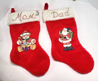 VTG Hand Painted Red White Furry Christmas Stockings ''Mom'' ''Dad'' Bear Santa