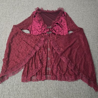 Romwe Burgundy Velvet Lace Bell Sleeve Fairy Goth Boho Witchy Cardigan Top XL
