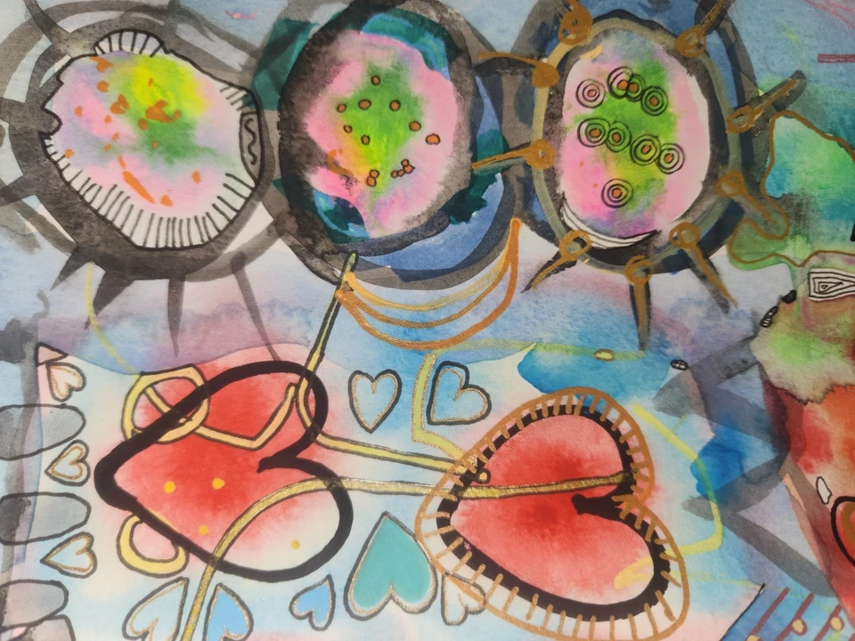 Pollo oculto - Acuarela abstracta original con detalles de acrílico y tinta Foto 3 de 4