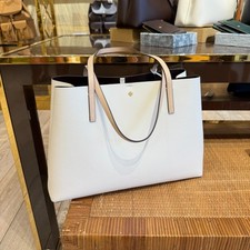 Tory Burch Blake Color-Block Pebble Tote 183191 Warm White / Classic Cuoio 425