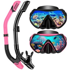 Snorkeling Gear for Adults, Dry-Top Snorkel Set Scuba Diving mask, Black Pink
