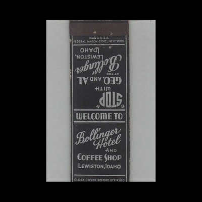 Matchbook Cover 1920s-30s Federal Match Co Bollinger Hotel & Coffee Shop Lewisto