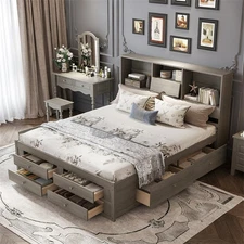 King Size Farmhouse Solid Wood Bed Frame with 8 Drawers &Storage Headboard,Gray 