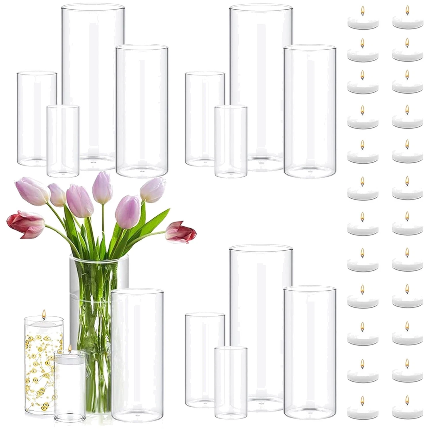Glass Cylinder Vases Set with White Floating Candles