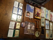 Huge Lot Of 26 PCS Christian Religious Items Cards, Rosaries, Crosses, pins Etc.