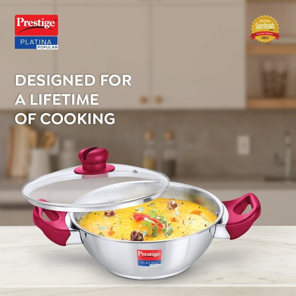 Prestige Platina Popular Stainless Steel Kadai with Glass Lid 200