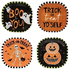 Halloween Melamine Appetizer Plates Set of 4 Pumpkins Skeleton Ghost Dinnerware