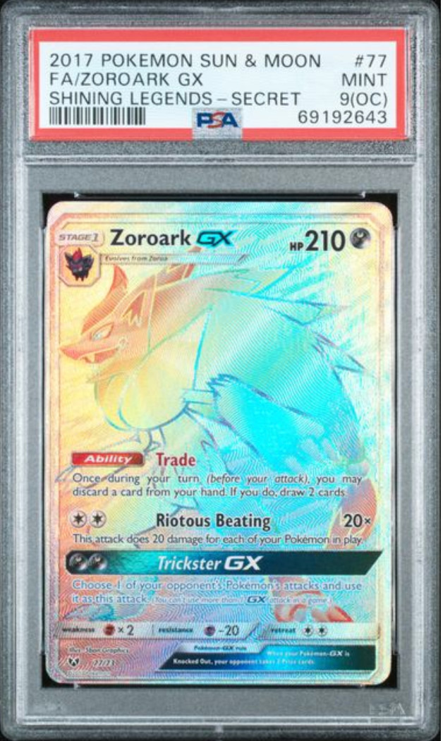 PSA 9 (OC) 2017 Pokemon Sun & Moon Shining Legends 77 Full Art Zoroark GX Secret