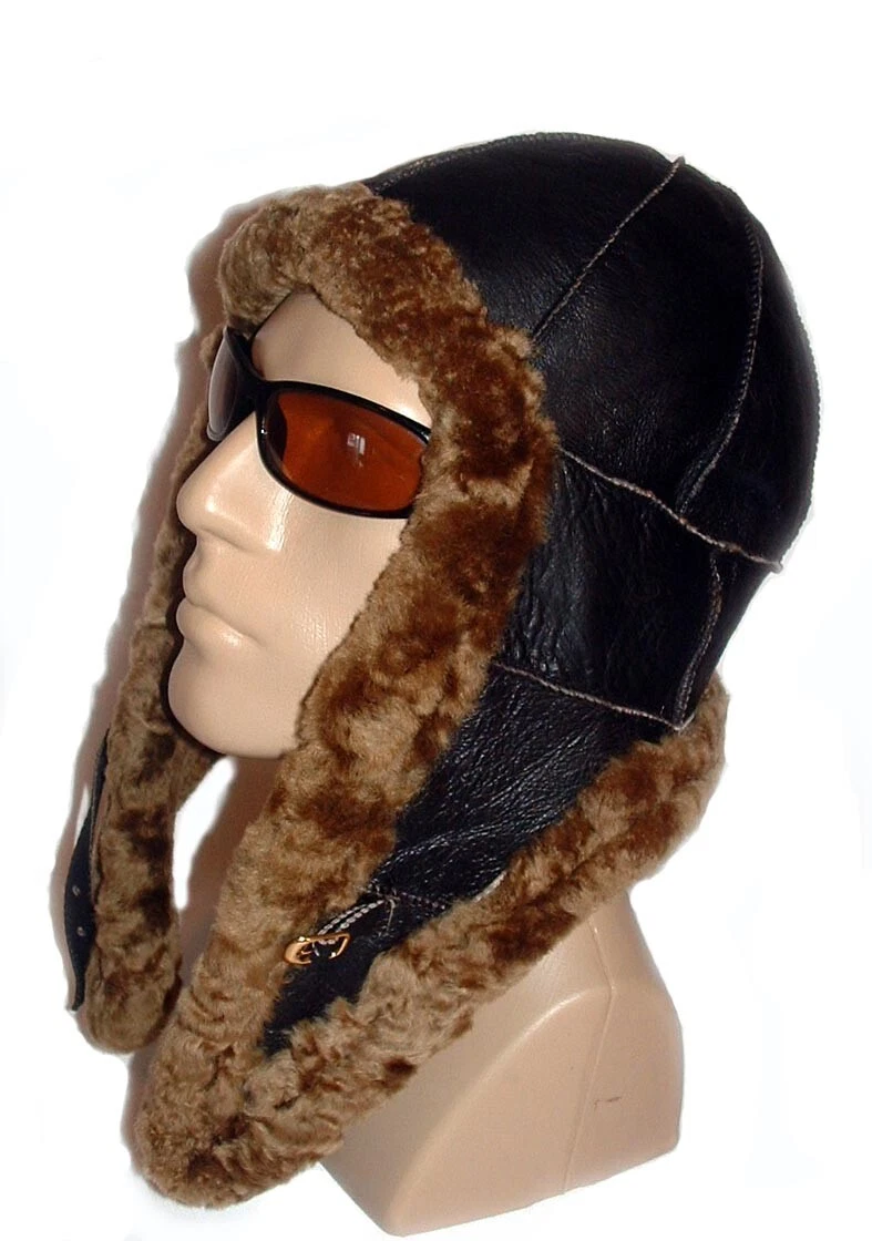 NEW! Handmade Men's Sheepskin Aviator Pilot Fur Hat Real Leather size L-XL