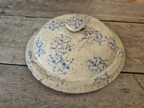 Primitive Antique Stoneware Large Handmade Blue Glazed Interior Crock Lid Cover - Picture 20 of 22