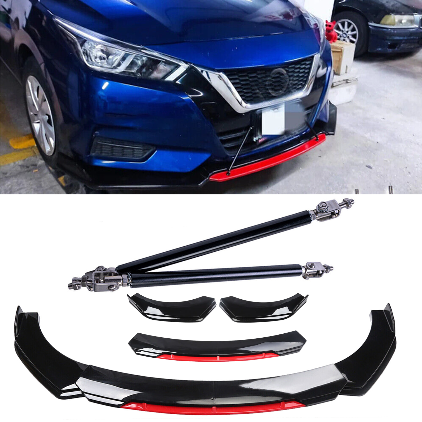 2007-2022 Nissan Versa Front Bumper Lip Chin Splitter Glossy Strut Rods