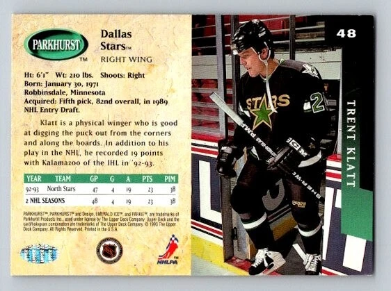 1993-94 Parkhurst Trent Klatt #48 Dallas Stars - Image 2 of 2