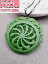Jade Charm Pendant Necklace W/ Beads Cord Chain Handmade Carved Floral Gemstone