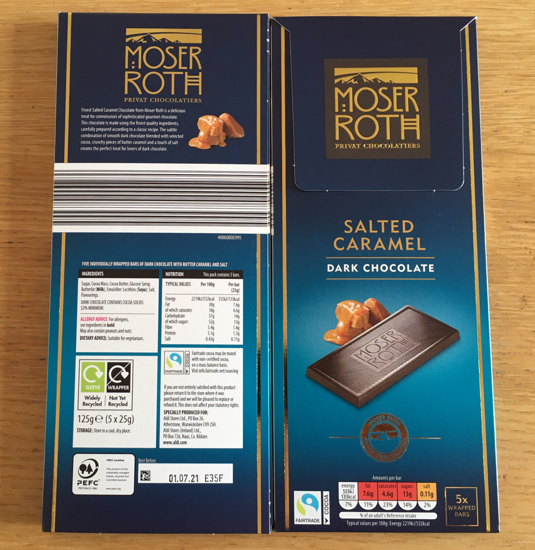 Moser Roth Salted Caramel Dark Chocolate 125g X2. 5 X Bars Each Pack ...