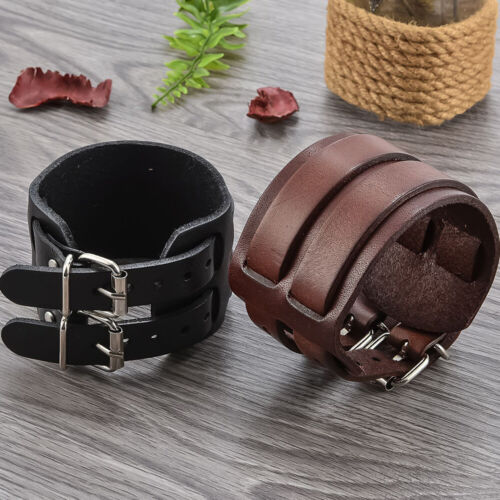 Herren Punk breit verstellbar Echtleder Gürtel Armband Manschette Armreif mit 2 Schnallen - Bild 3 von 21