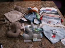 Lot of 12 Baby Bibs, 2 security blankets, 1 rattle, and 1 pacifier with holder