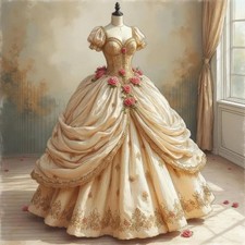 Ivory Vintage Victorian Wedding Dress 3D Floral Embroidered Corset Bridal Gown