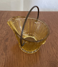 Vtg Amber Glass Small Bucket Ashtray w/ Metal Handle & Spout 2" tall 3" in diame