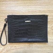 Longchamp Black Crocodile Embossed Clutch Wristlet Bag Silver Hardware Women's